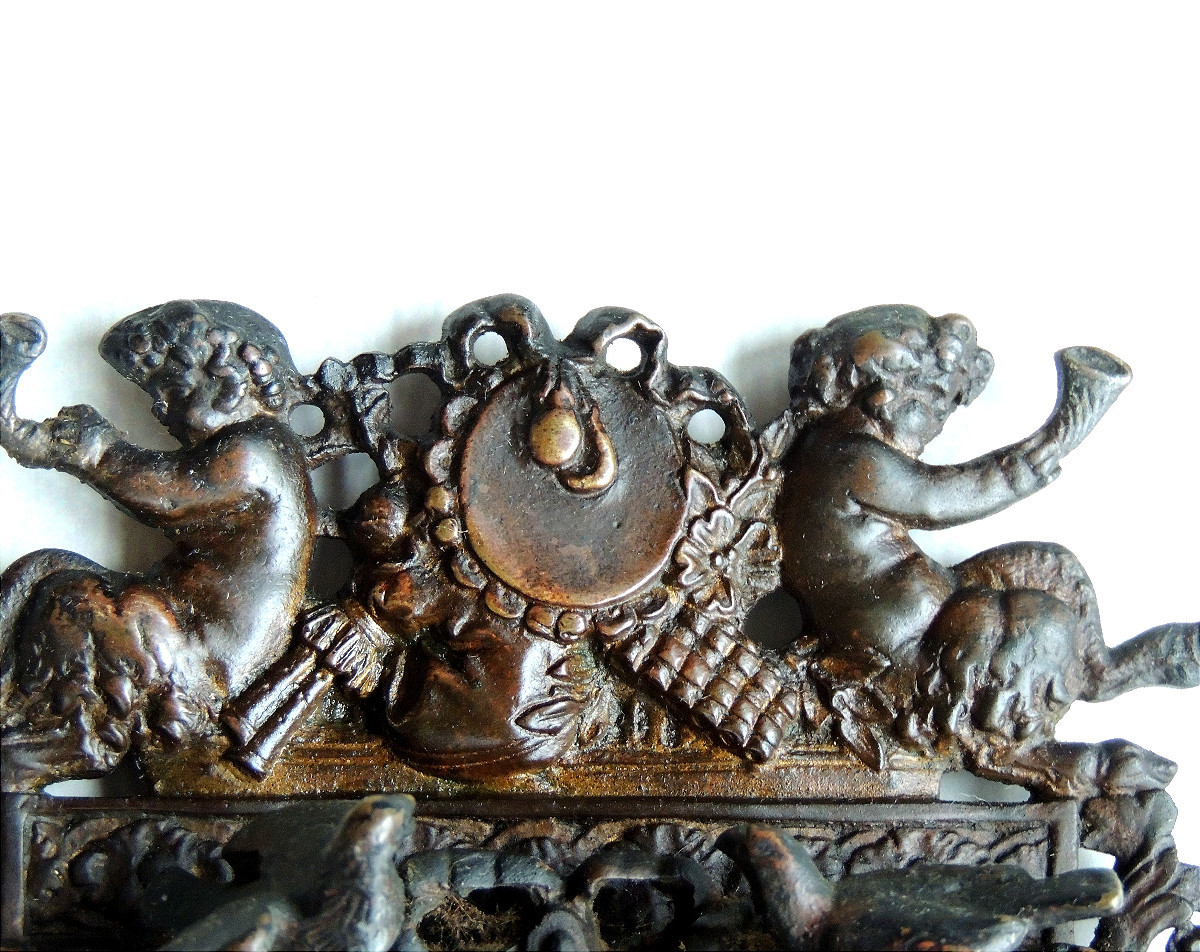 Beveled Bronze Mirror, Decorated With A Musical Theme, Finely Crafted And Chiseled, 19th Century-photo-2