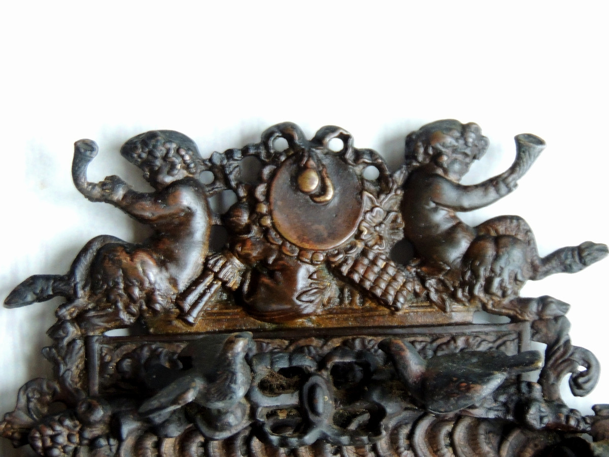 Beveled Bronze Mirror, Decorated With A Musical Theme, Finely Crafted And Chiseled, 19th Century-photo-3