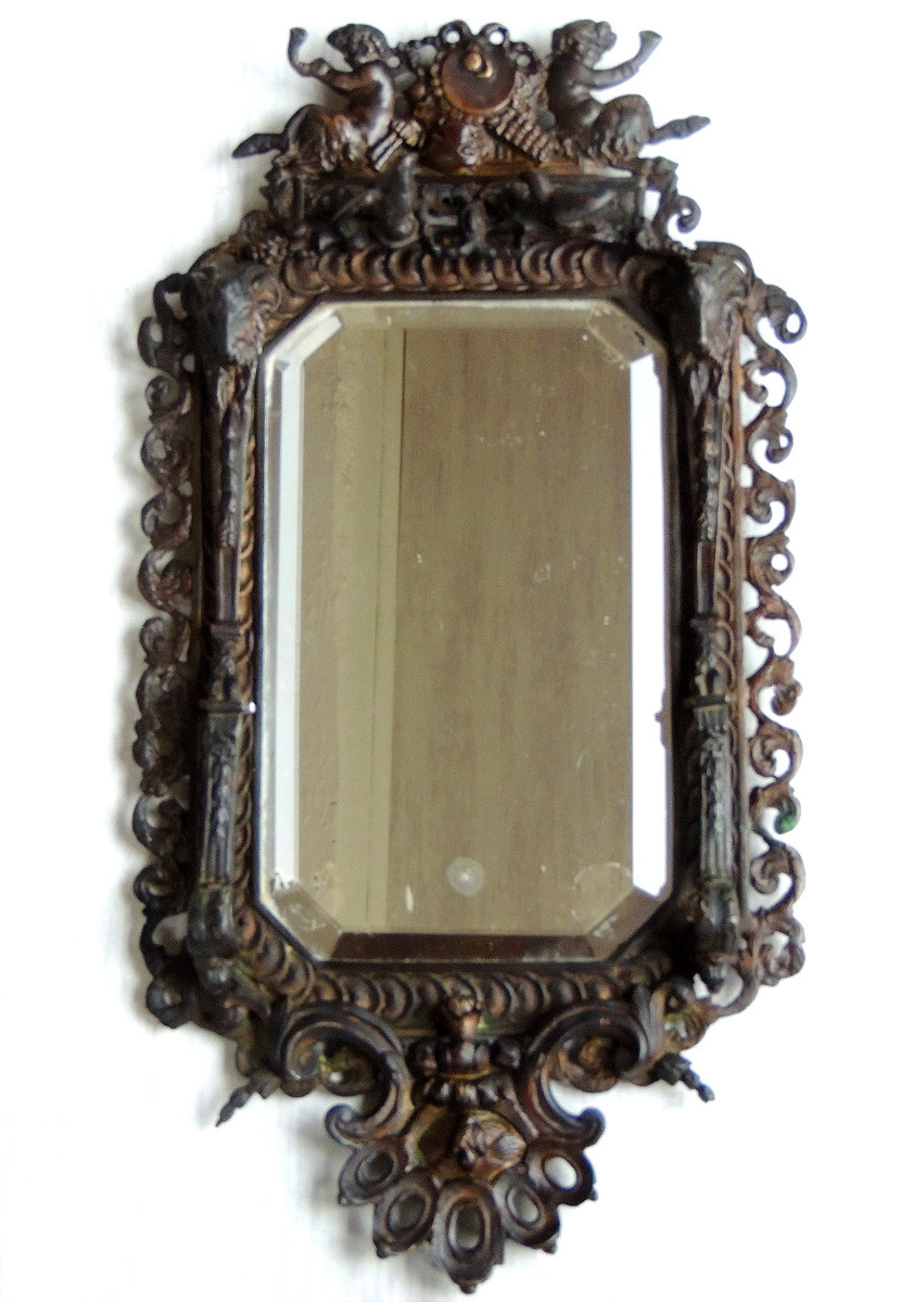 Beveled Bronze Mirror, Decorated With A Musical Theme, Finely Crafted And Chiseled, 19th Century-photo-1