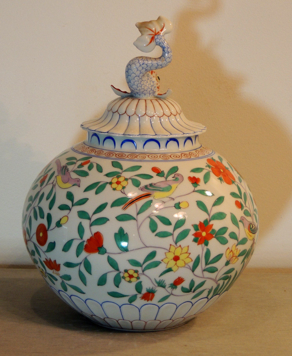 Hereng Hungary , pot couvert , décor asiatique , 20 ème -photo-4