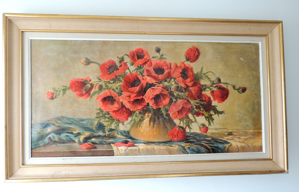 tableau , peinture à huile sur toile d 'Erich Krüger , bouquet de coquelicots en vase , 20 ème-photo-2