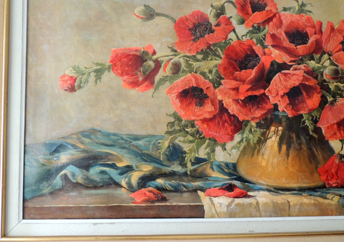 tableau , peinture à huile sur toile d 'Erich Krüger , bouquet de coquelicots en vase , 20 ème-photo-4