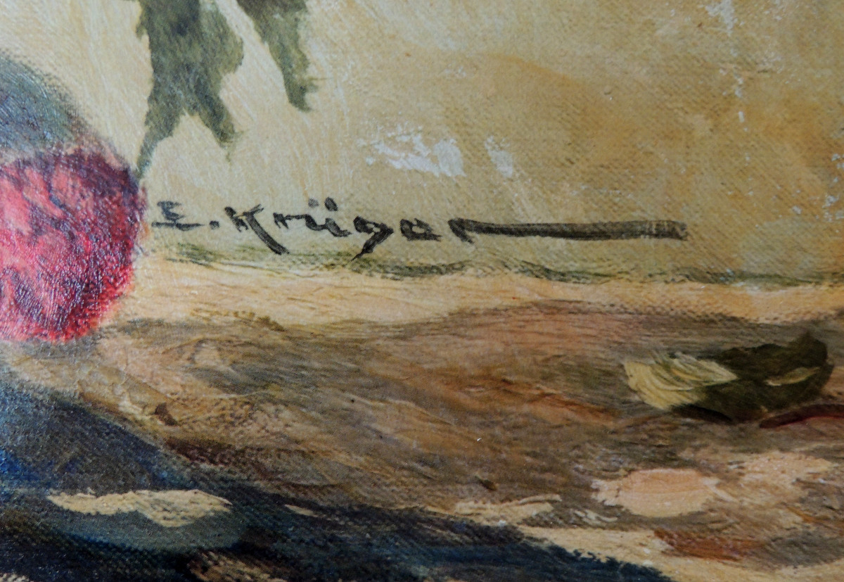 tableau , peinture à huile sur toile d 'Erich Krüger , bouquet de coquelicots en vase , 20 ème-photo-1