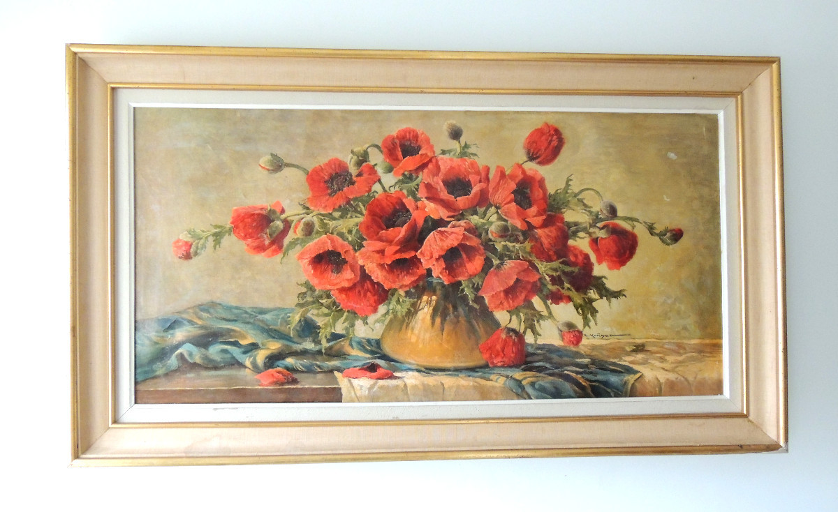 tableau , peinture à huile sur toile d 'Erich Krüger , bouquet de coquelicots en vase , 20 ème