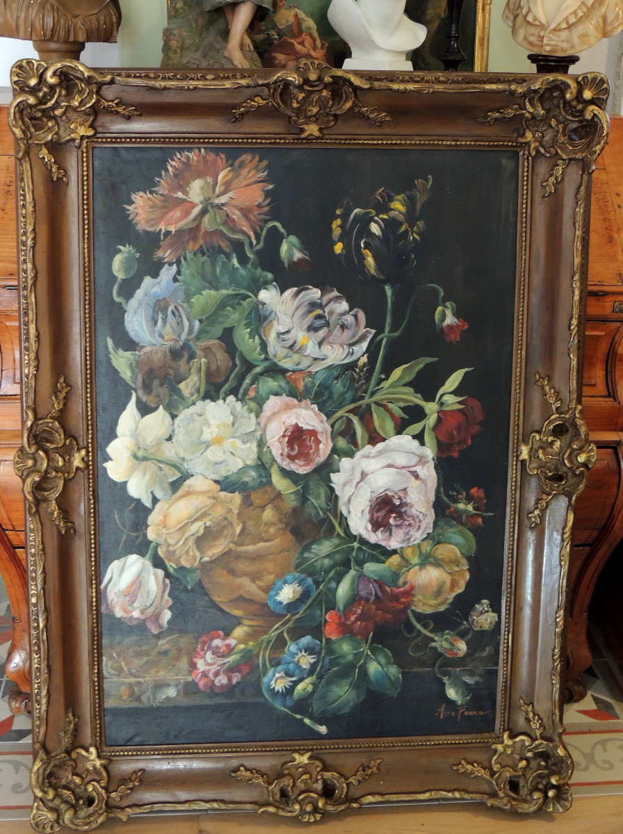 grand tableau , peinture à l'huile sur toile d'Anne France , bouquet de fleurs en vase , 19 ème-photo-2