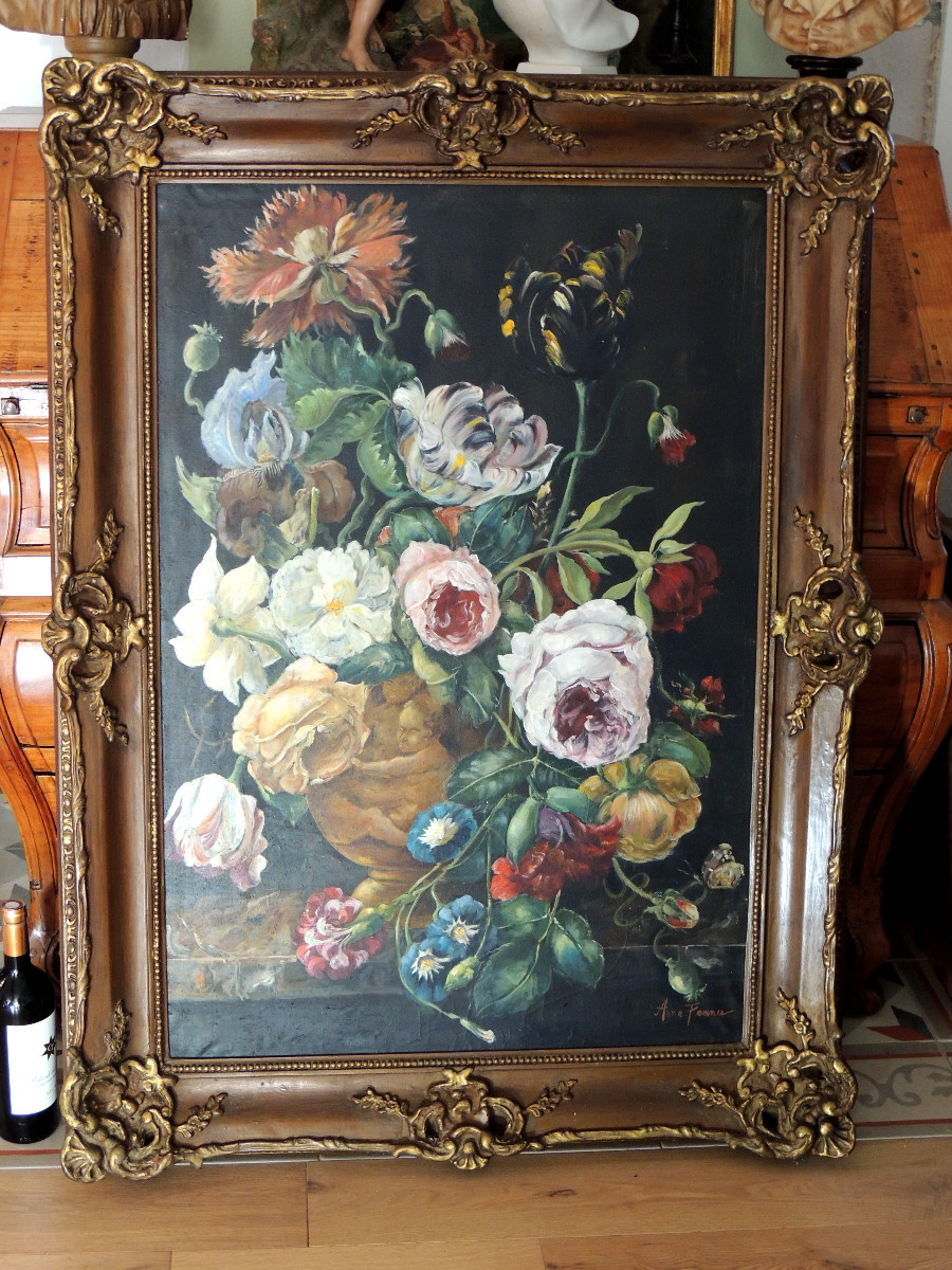grand tableau , peinture à l'huile sur toile d'Anne France , bouquet de fleurs en vase , 19 ème-photo-3