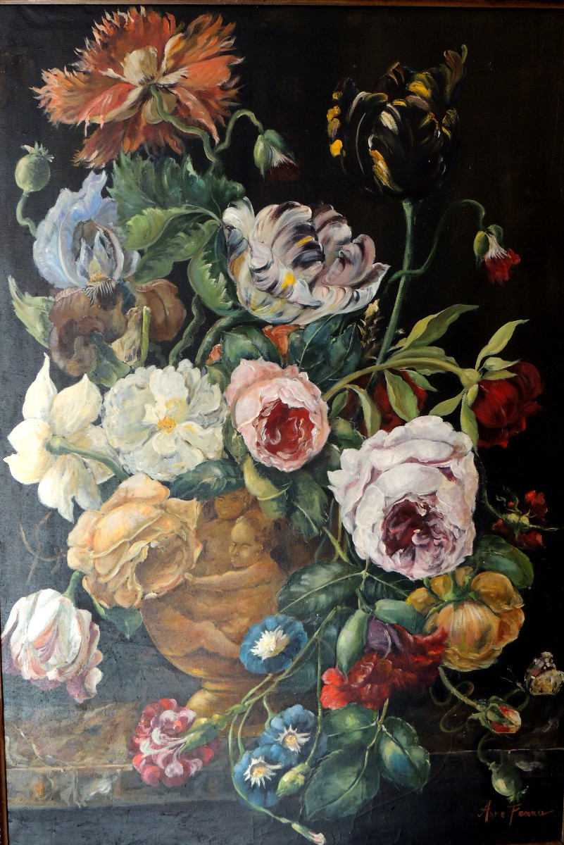 grand tableau , peinture à l'huile sur toile d'Anne France , bouquet de fleurs en vase , 19 ème-photo-4