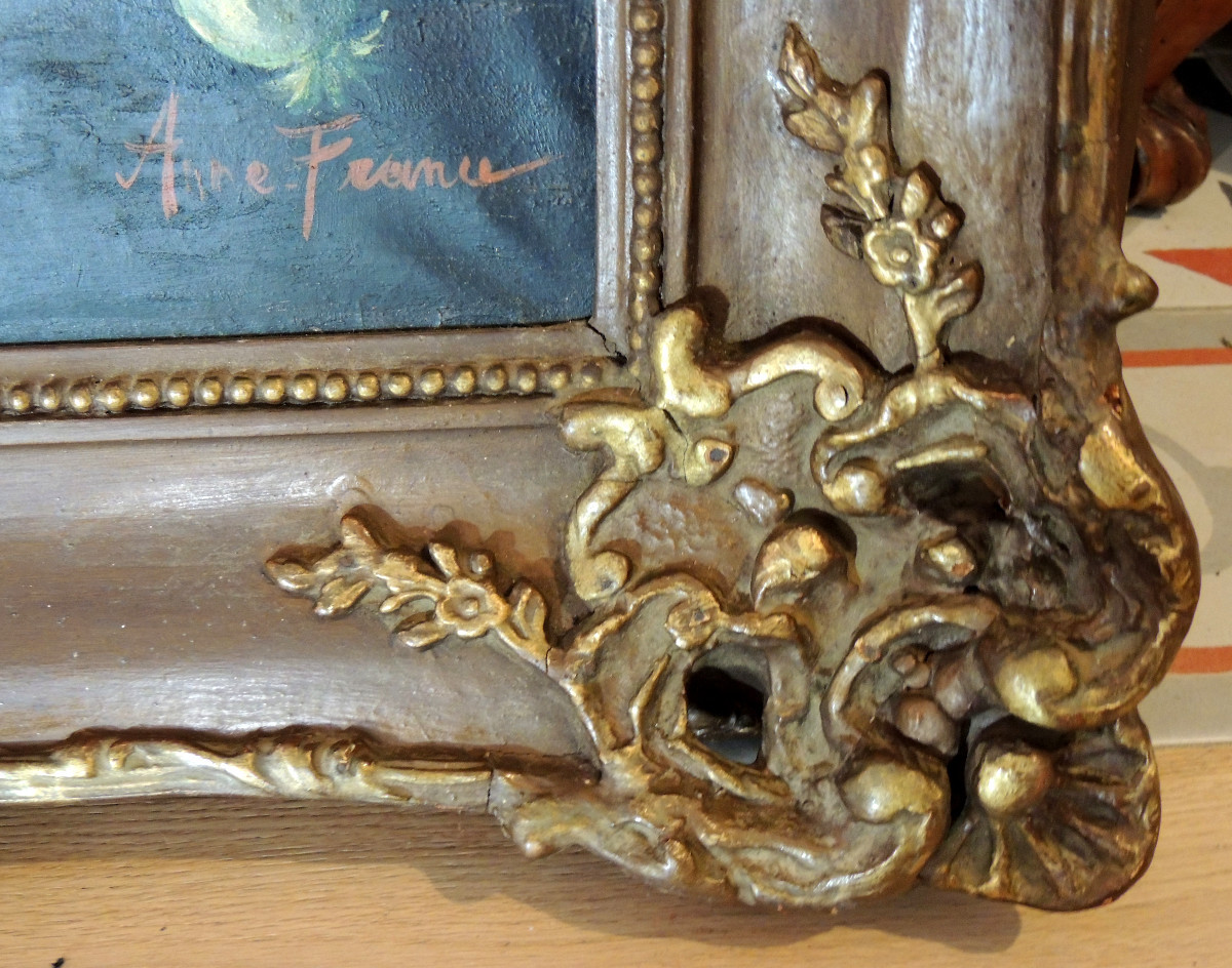 grand tableau , peinture à l'huile sur toile d'Anne France , bouquet de fleurs en vase , 19 ème-photo-2