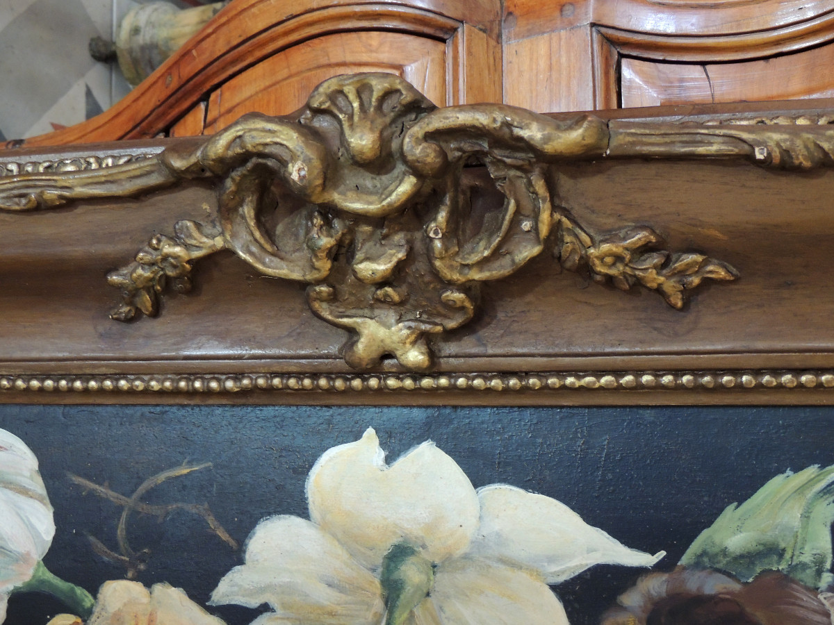 grand tableau , peinture à l'huile sur toile d'Anne France , bouquet de fleurs en vase , 19 ème-photo-3