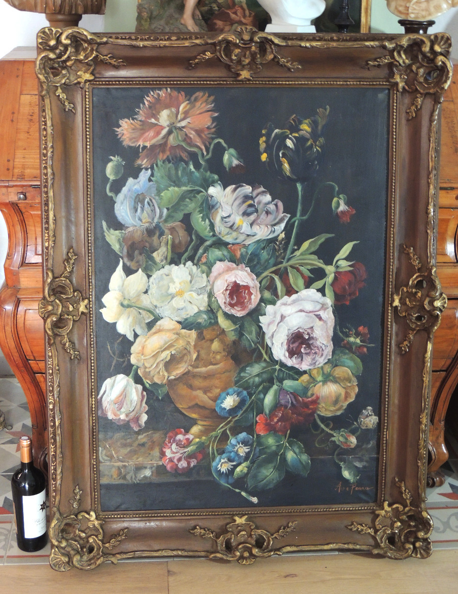 grand tableau , peinture à l'huile sur toile d'Anne France , bouquet de fleurs en vase , 19 ème
