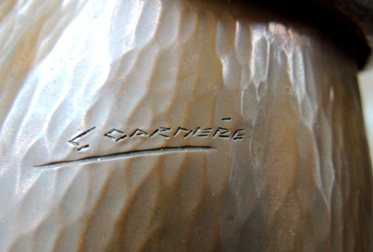 Copperware, Hammered Copper Vase Signed Under The Neck Carnière, Art Deco, 20th Century -photo-4