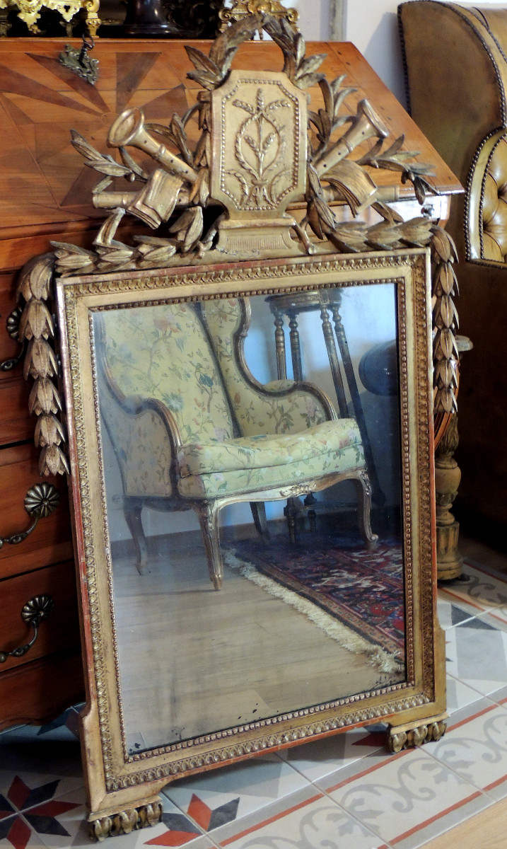 Gilded Wood Mirror, Pediment Decorated With Musical Instruments, Mercury Glass, 18th Century -photo-2