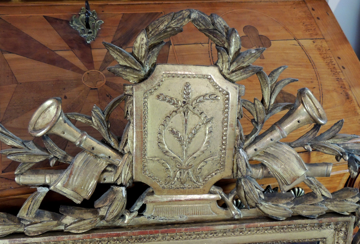 Gilded Wood Mirror, Pediment Decorated With Musical Instruments, Mercury Glass, 18th Century -photo-4