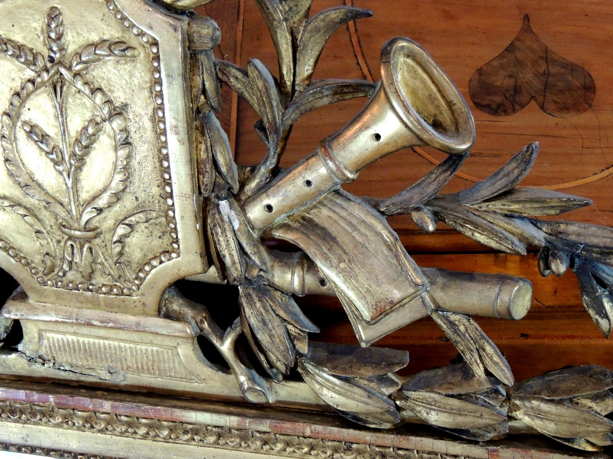 Gilded Wood Mirror, Pediment Decorated With Musical Instruments, Mercury Glass, 18th Century -photo-3