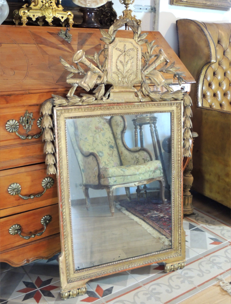 Gilded Wood Mirror, Pediment Decorated With Musical Instruments, Mercury Glass, 18th Century 