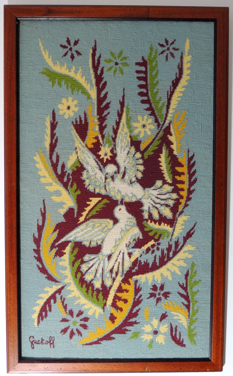 Wool Wall Tapestry By Elie Grekoff (1914-1985), Mozet Workshop, "the Turtle Doves," 20th Century-photo-2