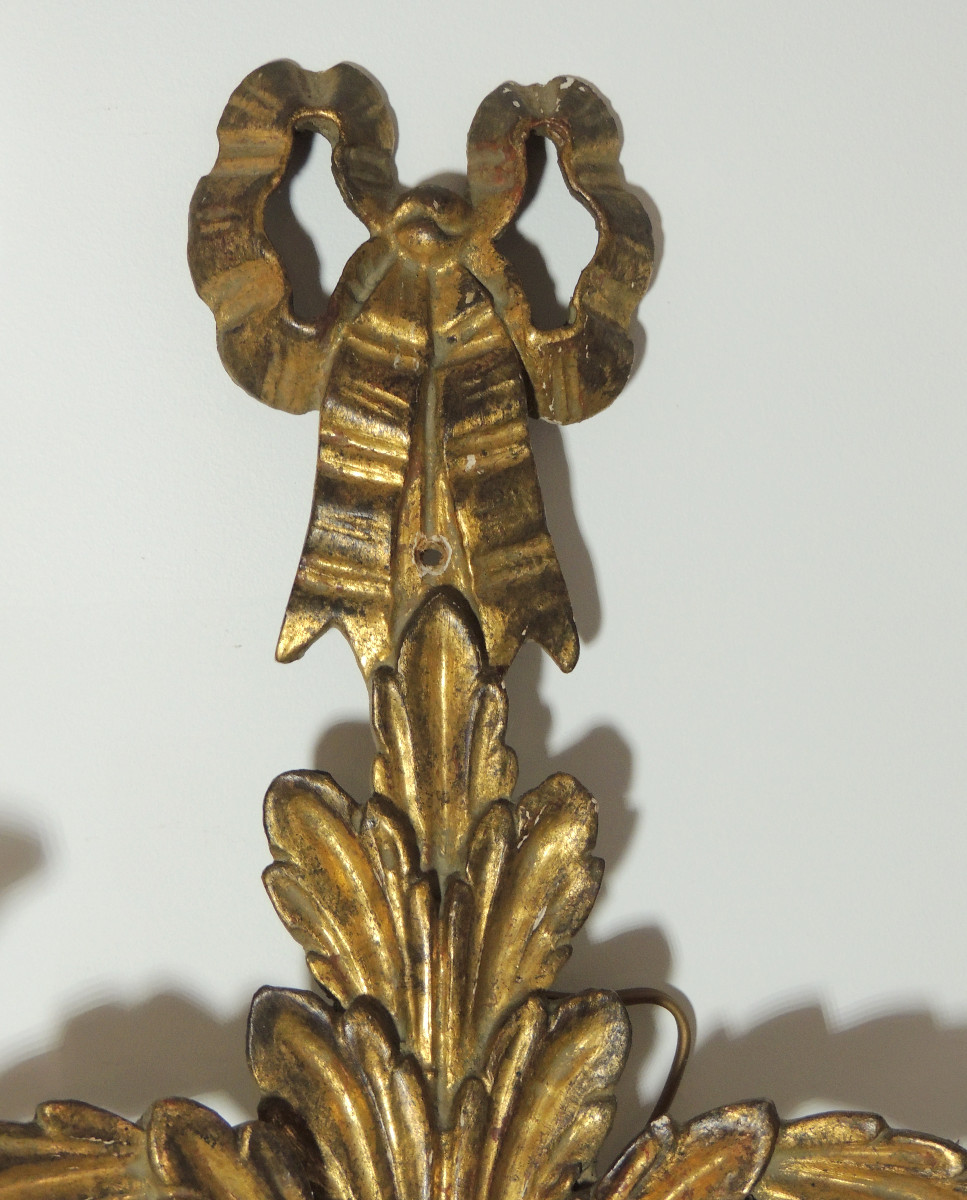 4 appliques en bois doré  2 bras de lumiére Louis XVI décor de passementerie et cors de chasse -photo-4