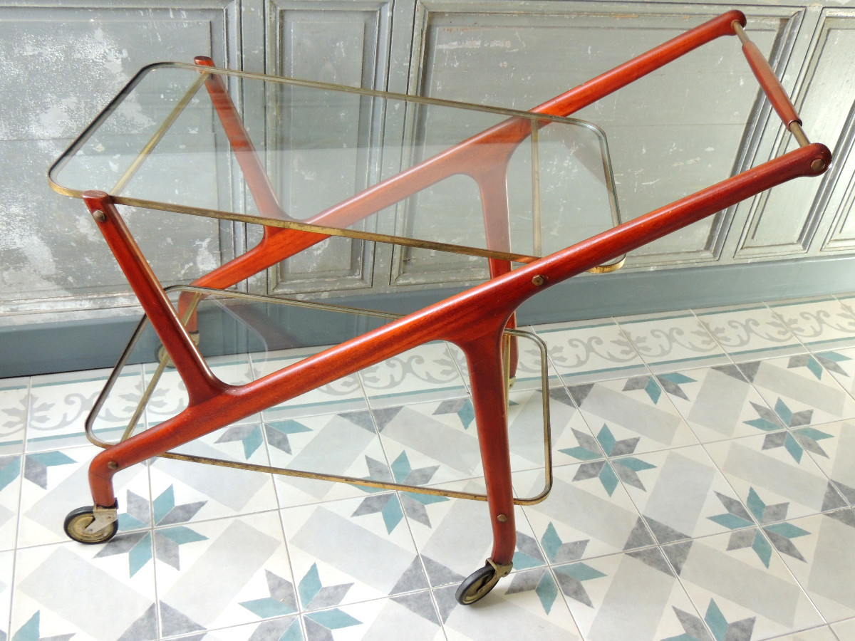 Césare Lacca ( 1929 ) , chariot  desserte table roulante en acajou , plateaux en verre , 20 ème-photo-2