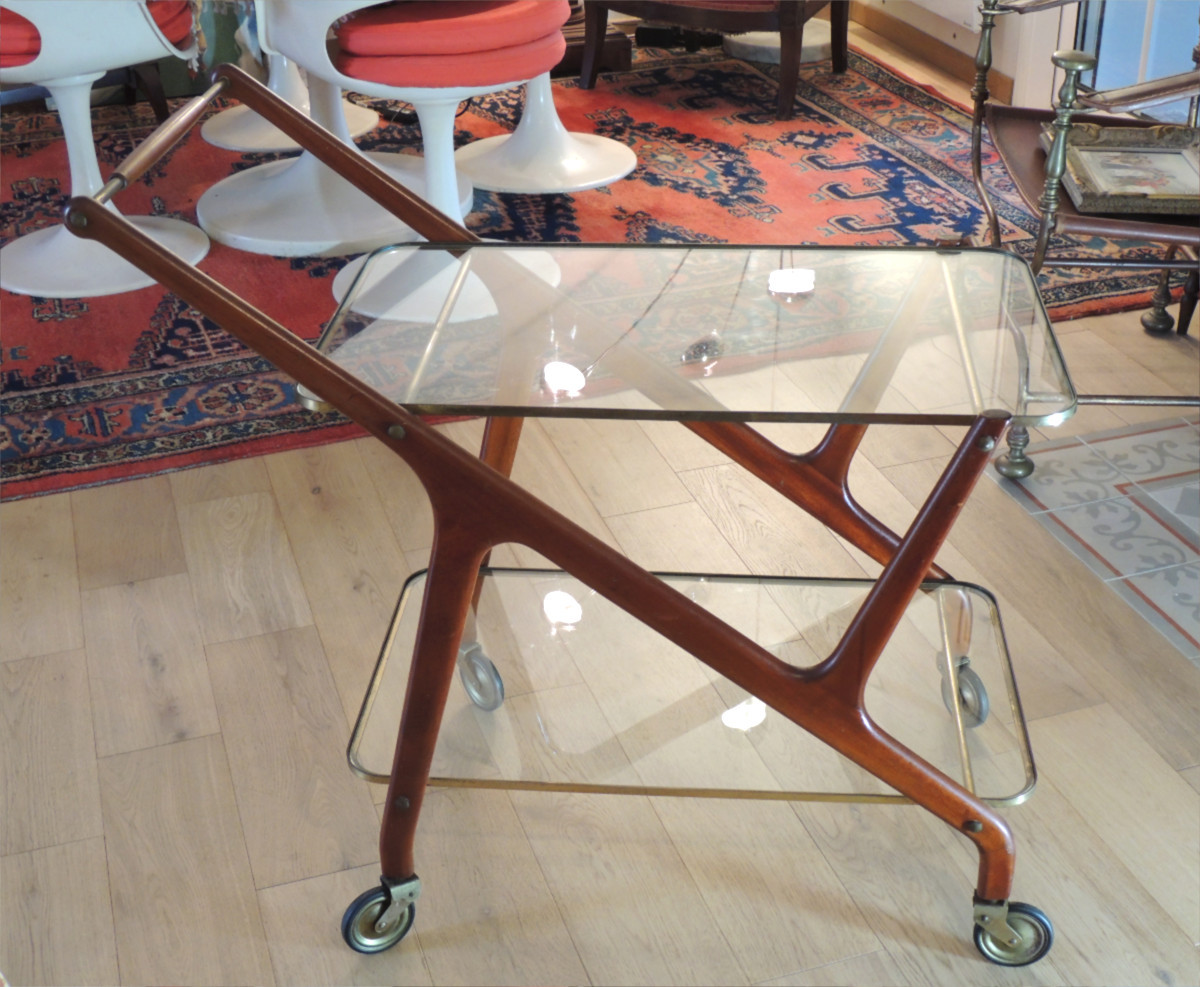 Césare Lacca ( 1929 ) , chariot  desserte table roulante en acajou , plateaux en verre , 20 ème-photo-3