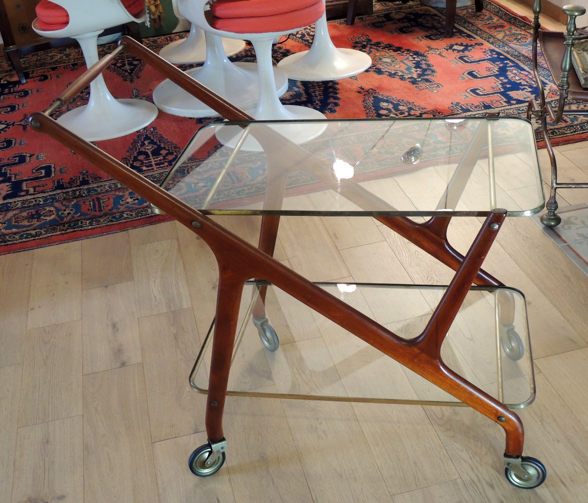 Césare Lacca ( 1929 ) , chariot  desserte table roulante en acajou , plateaux en verre , 20 ème-photo-4
