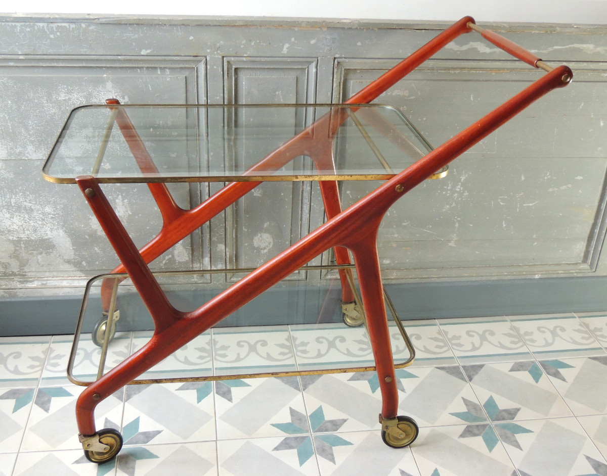 Césare Lacca ( 1929 ) , chariot  desserte table roulante en acajou , plateaux en verre , 20 ème-photo-2
