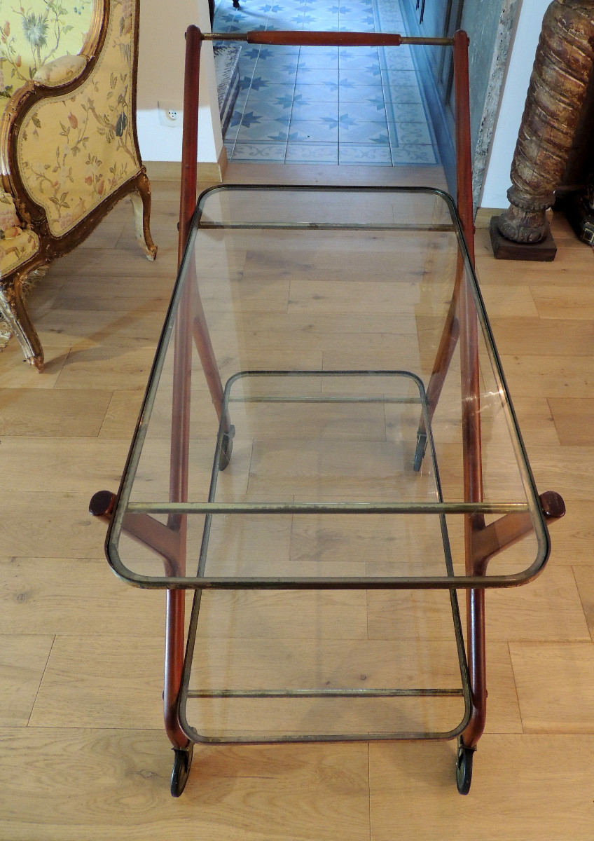 Césare Lacca ( 1929 ) , chariot  desserte table roulante en acajou , plateaux en verre , 20 ème-photo-5