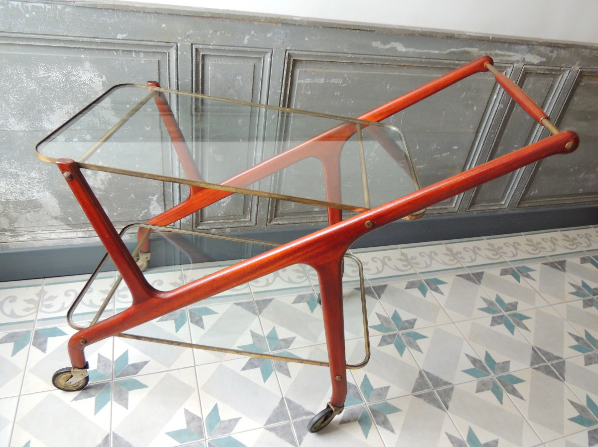 Césare Lacca ( 1929 ) , chariot  desserte table roulante en acajou , plateaux en verre , 20 ème