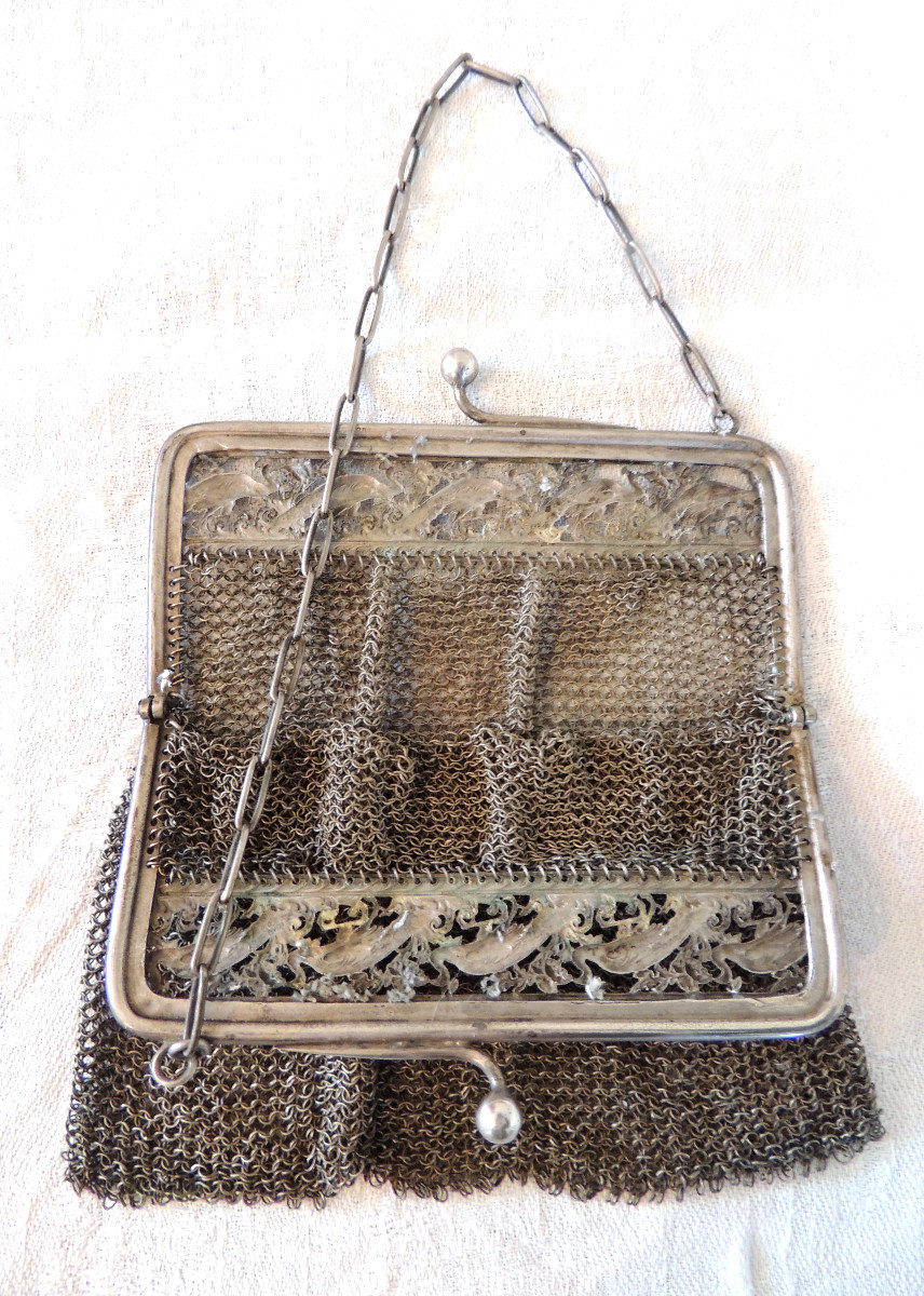 Chainmail Pouch, Bag, Alms Purse, 800 Silver Hallmarked, Framed With Peacock Decoration -photo-3