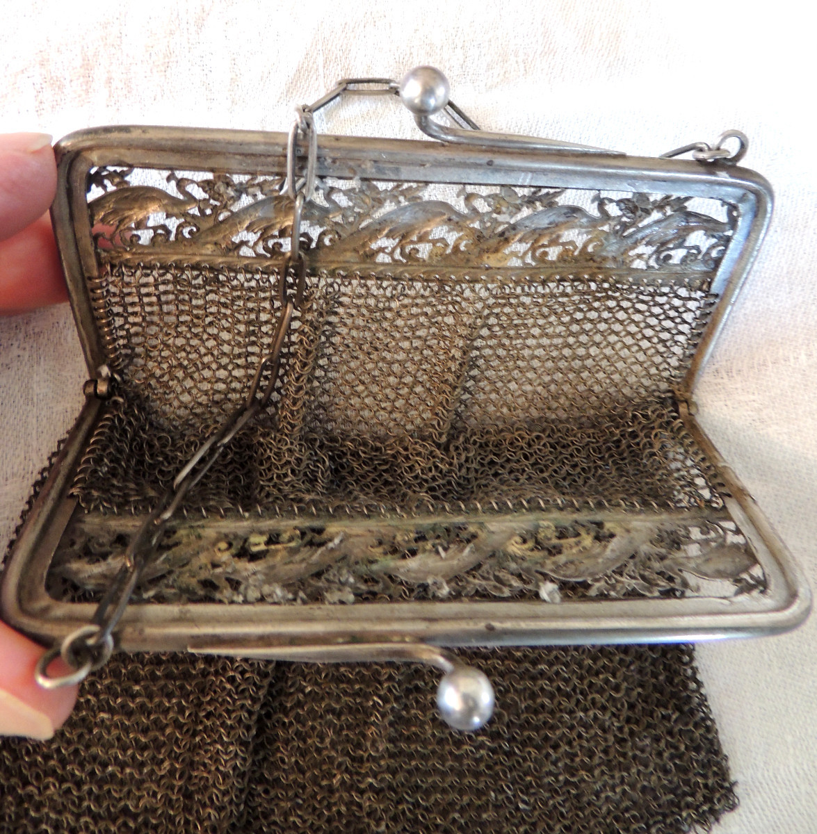 Chainmail Pouch, Bag, Alms Purse, 800 Silver Hallmarked, Framed With Peacock Decoration -photo-4