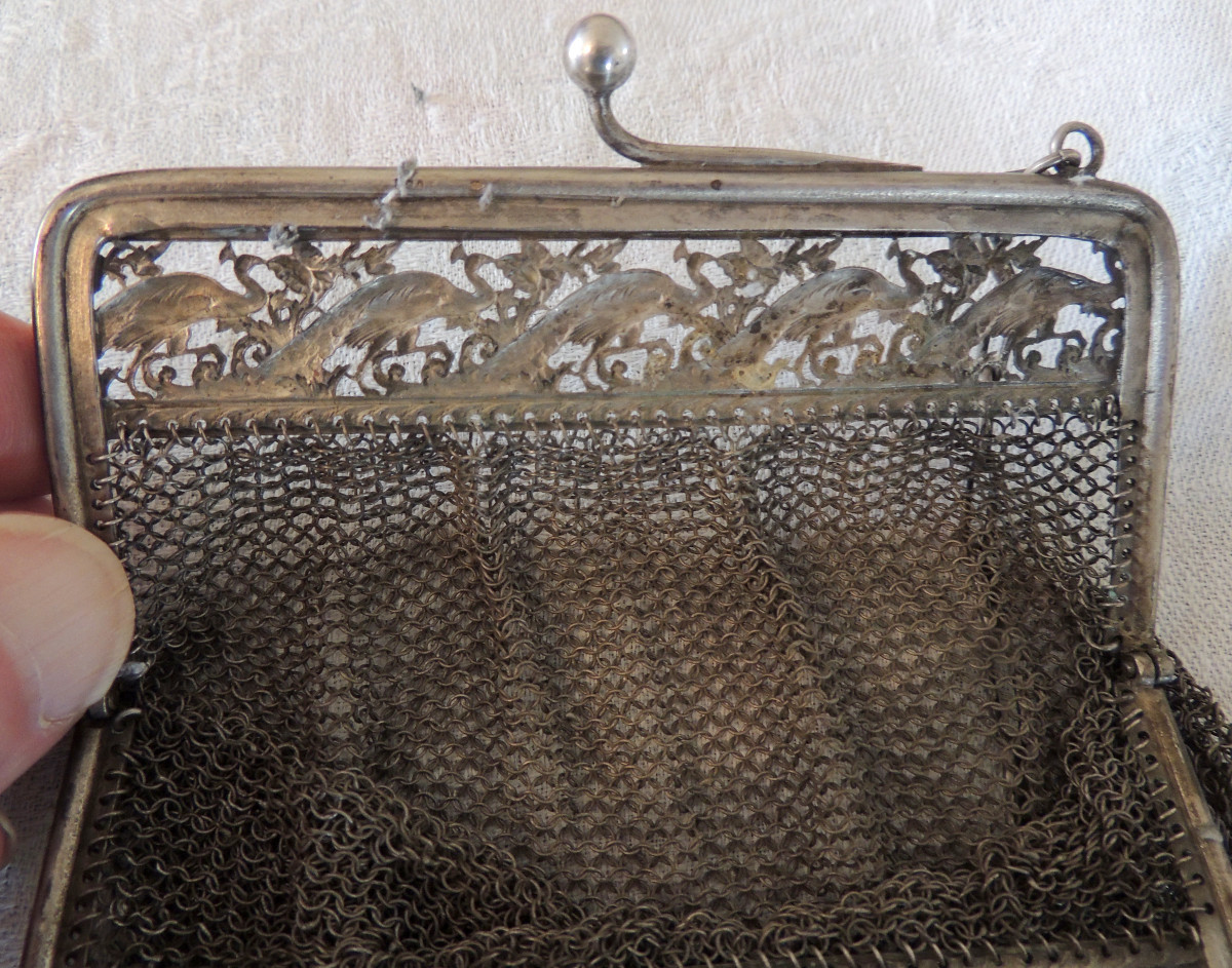 Chainmail Pouch, Bag, Alms Purse, 800 Silver Hallmarked, Framed With Peacock Decoration -photo-1