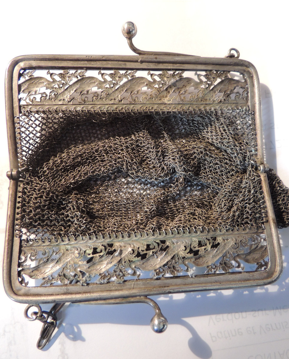 Chainmail Pouch, Bag, Alms Purse, 800 Silver Hallmarked, Framed With Peacock Decoration -photo-2
