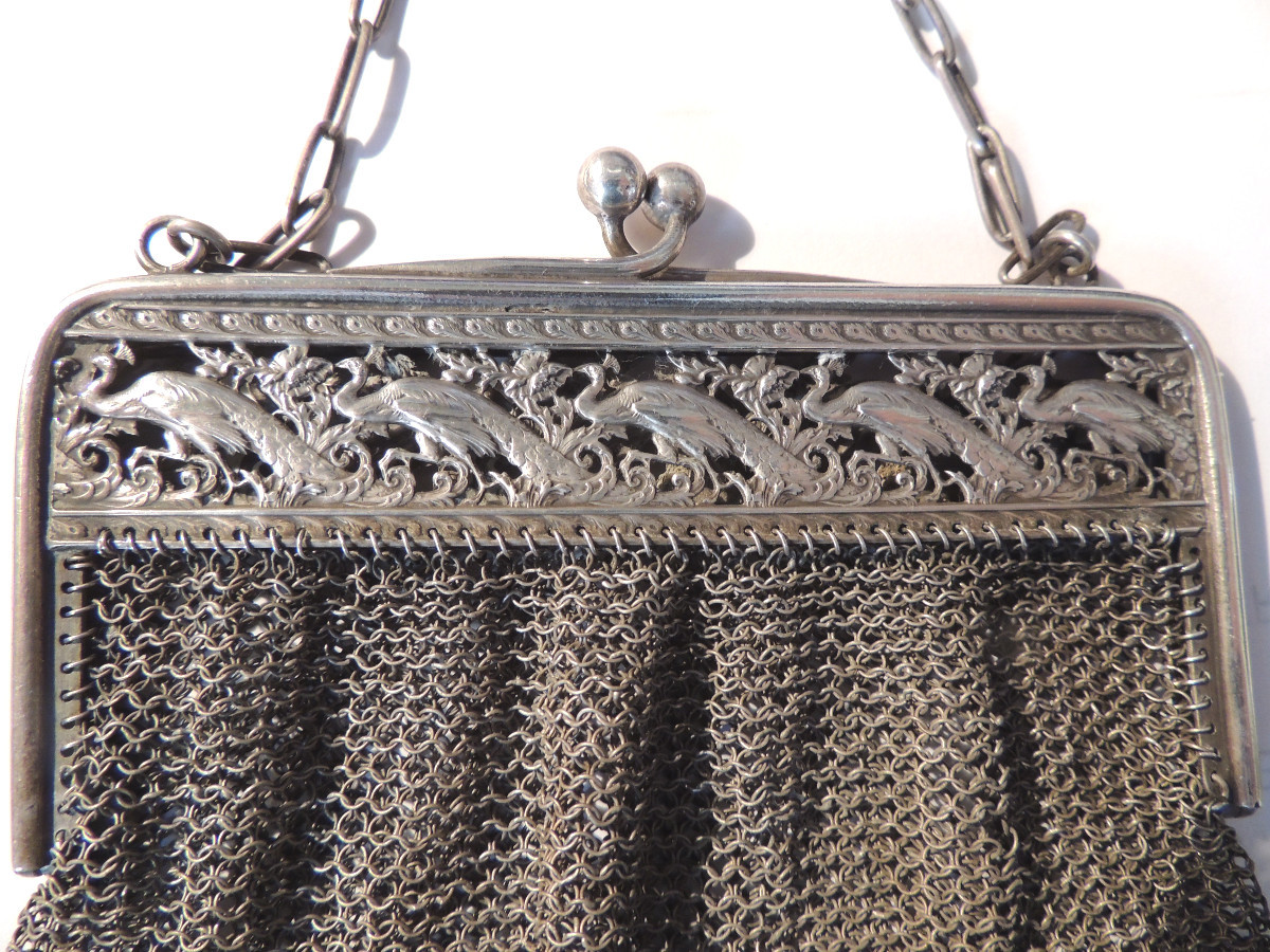 Chainmail Pouch, Bag, Alms Purse, 800 Silver Hallmarked, Framed With Peacock Decoration -photo-3