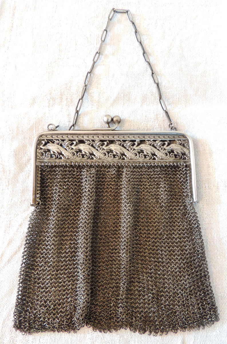 Chainmail Pouch, Bag, Alms Purse, 800 Silver Hallmarked, Framed With Peacock Decoration 