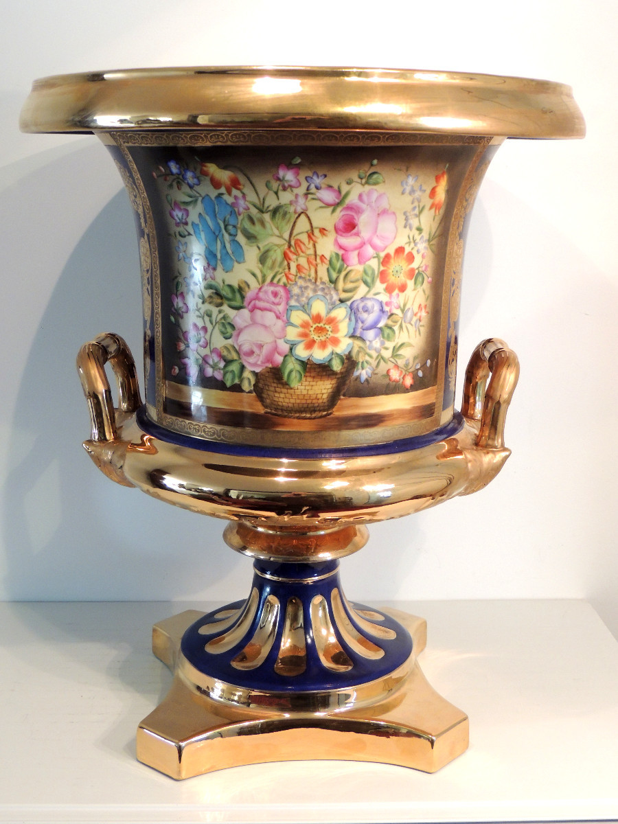 Large Medici Porcelain Vase, 50 Cm High, Decorated In 4 Panels Highlighted With Gold, 19th Century -photo-3