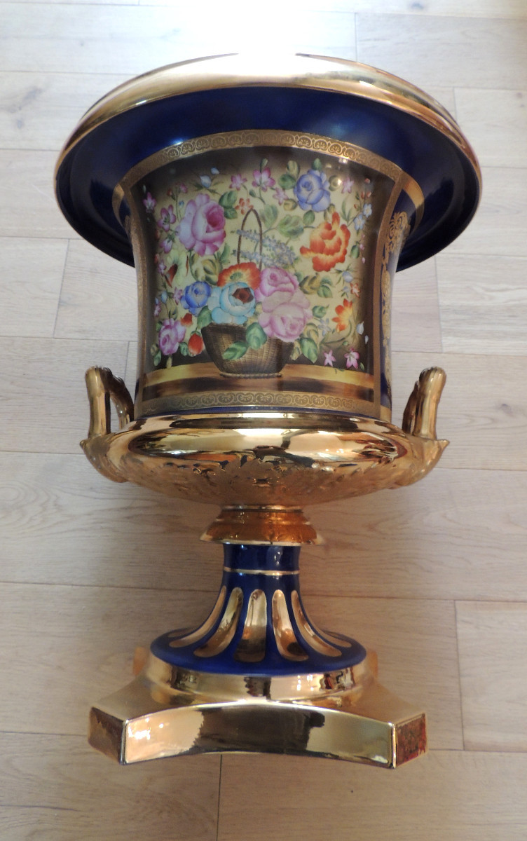 Large Medici Porcelain Vase, 50 Cm High, Decorated In 4 Panels Highlighted With Gold, 19th Century -photo-5