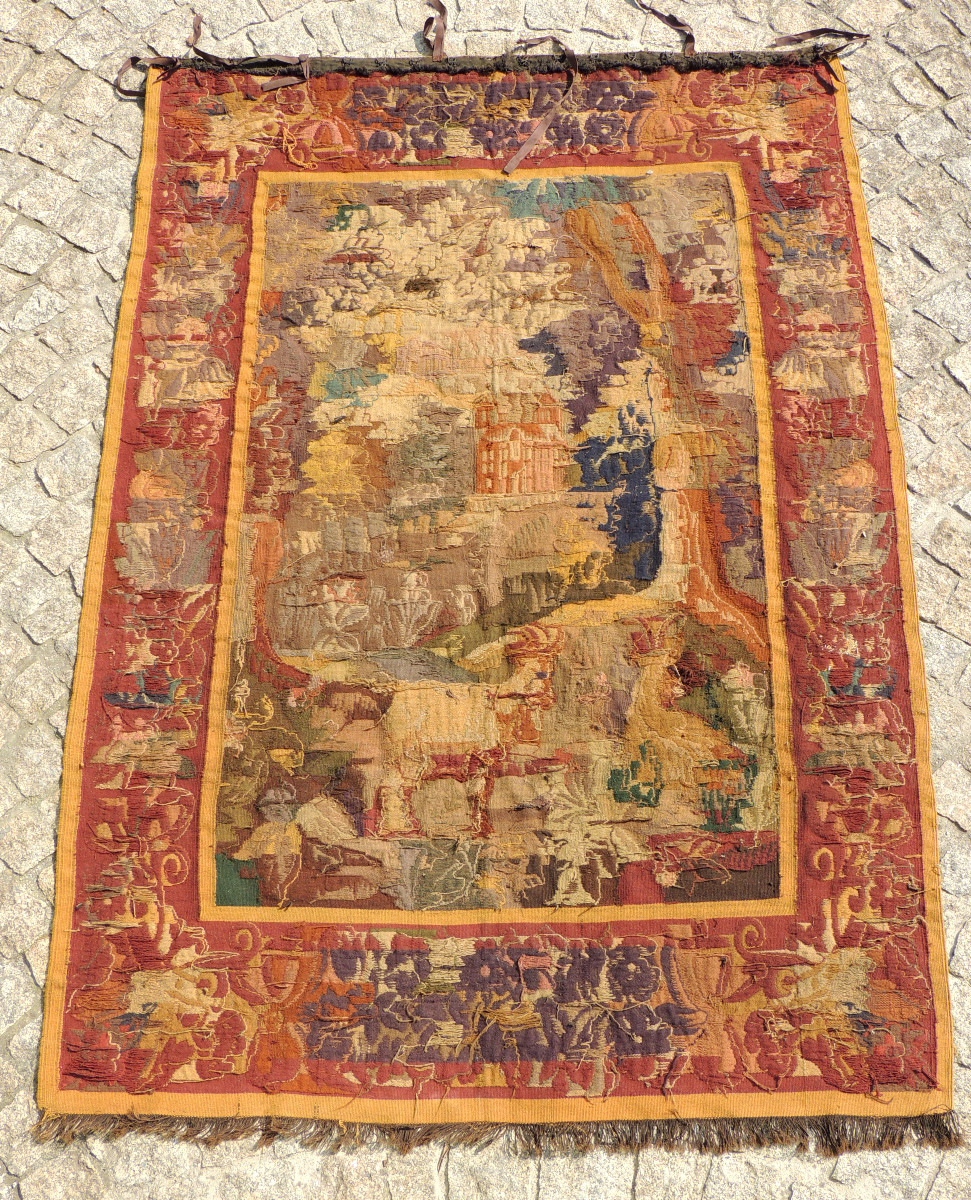 Aubusson Wool Tapestry, Decorated With Goats And A Castle In The Background, 18th Century-photo-6