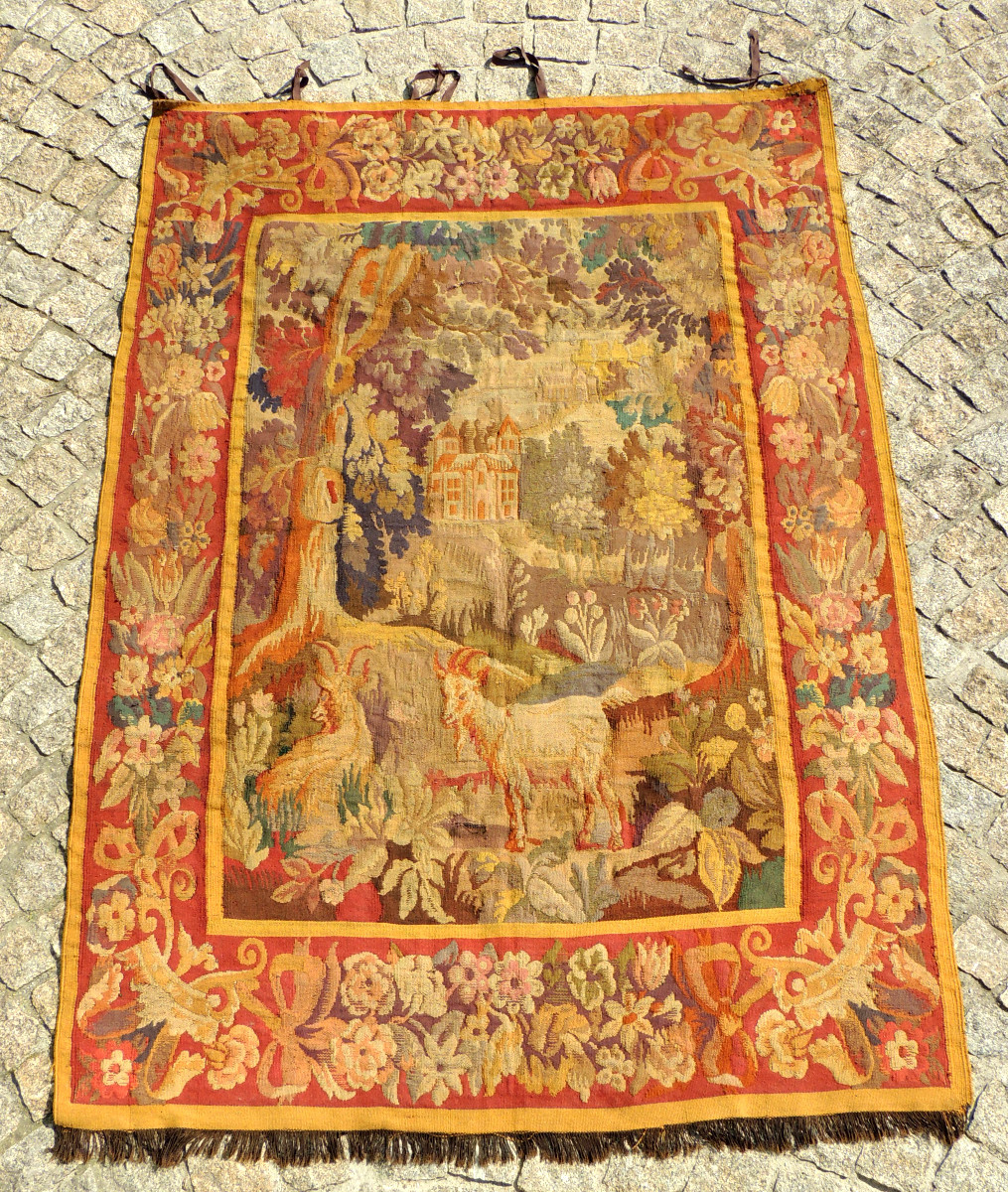 Aubusson Wool Tapestry, Decorated With Goats And A Castle In The Background, 18th Century