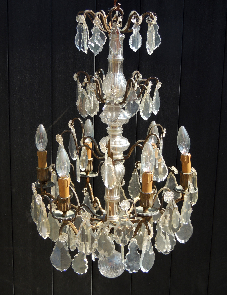 19th Century Cut Crystal Cage Chandelier With 6 Light Arms, Four Tiers On Bronze Supports-photo-2