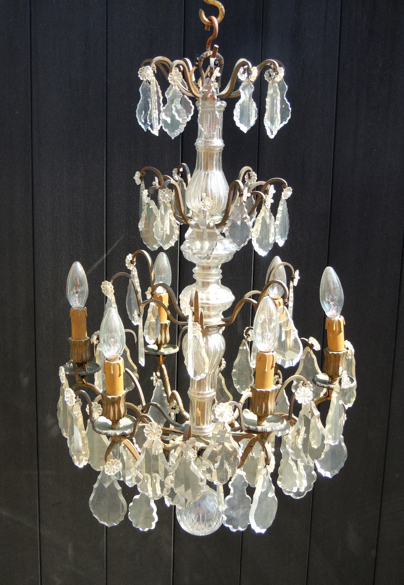 19th Century Cut Crystal Cage Chandelier With 6 Light Arms, Four Tiers On Bronze Supports-photo-3