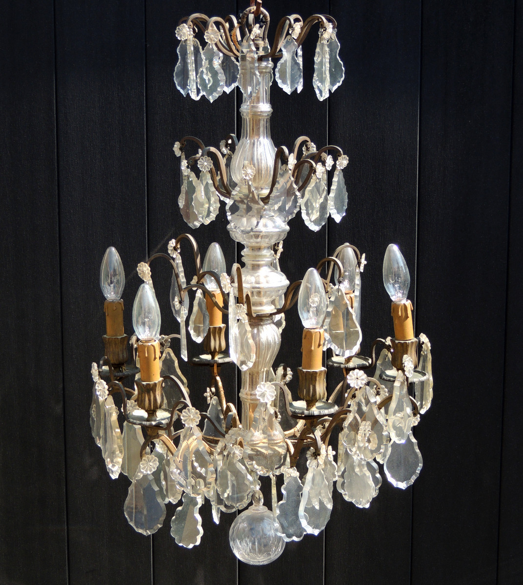 19th Century Cut Crystal Cage Chandelier With 6 Light Arms, Four Tiers On Bronze Supports-photo-4