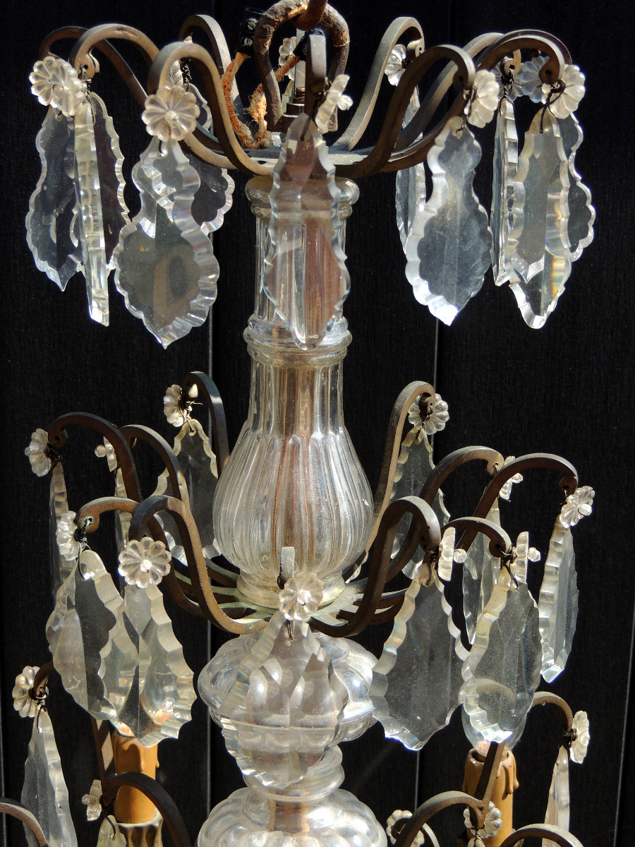 19th Century Cut Crystal Cage Chandelier With 6 Light Arms, Four Tiers On Bronze Supports-photo-2
