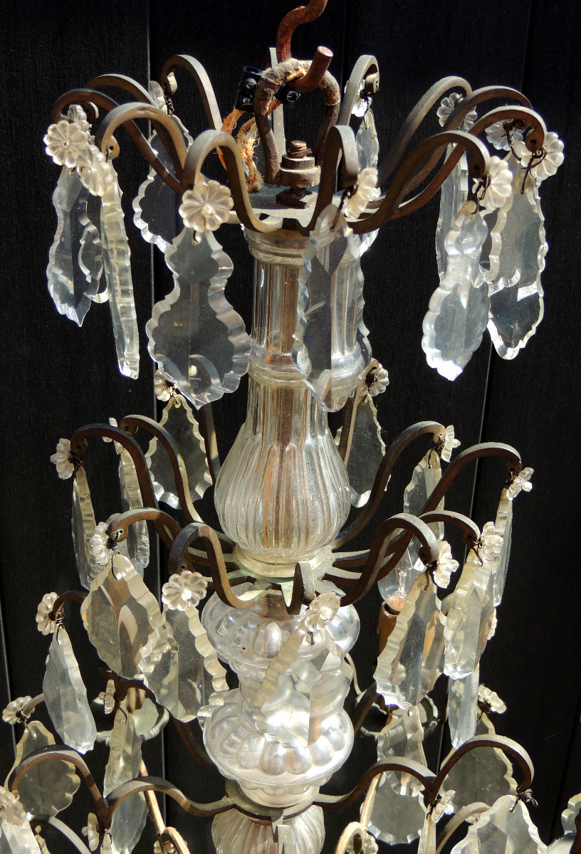 19th Century Cut Crystal Cage Chandelier With 6 Light Arms, Four Tiers On Bronze Supports-photo-5