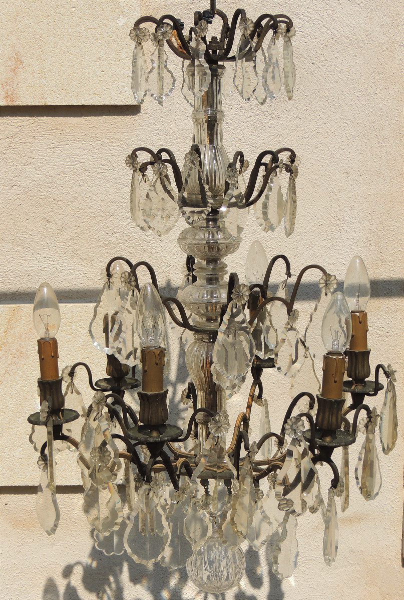 19th Century Cut Crystal Cage Chandelier With 6 Light Arms, Four Tiers On Bronze Supports-photo-6