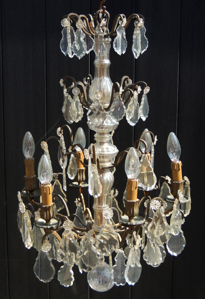 19th Century Cut Crystal Cage Chandelier With 6 Light Arms, Four Tiers On Bronze Supports