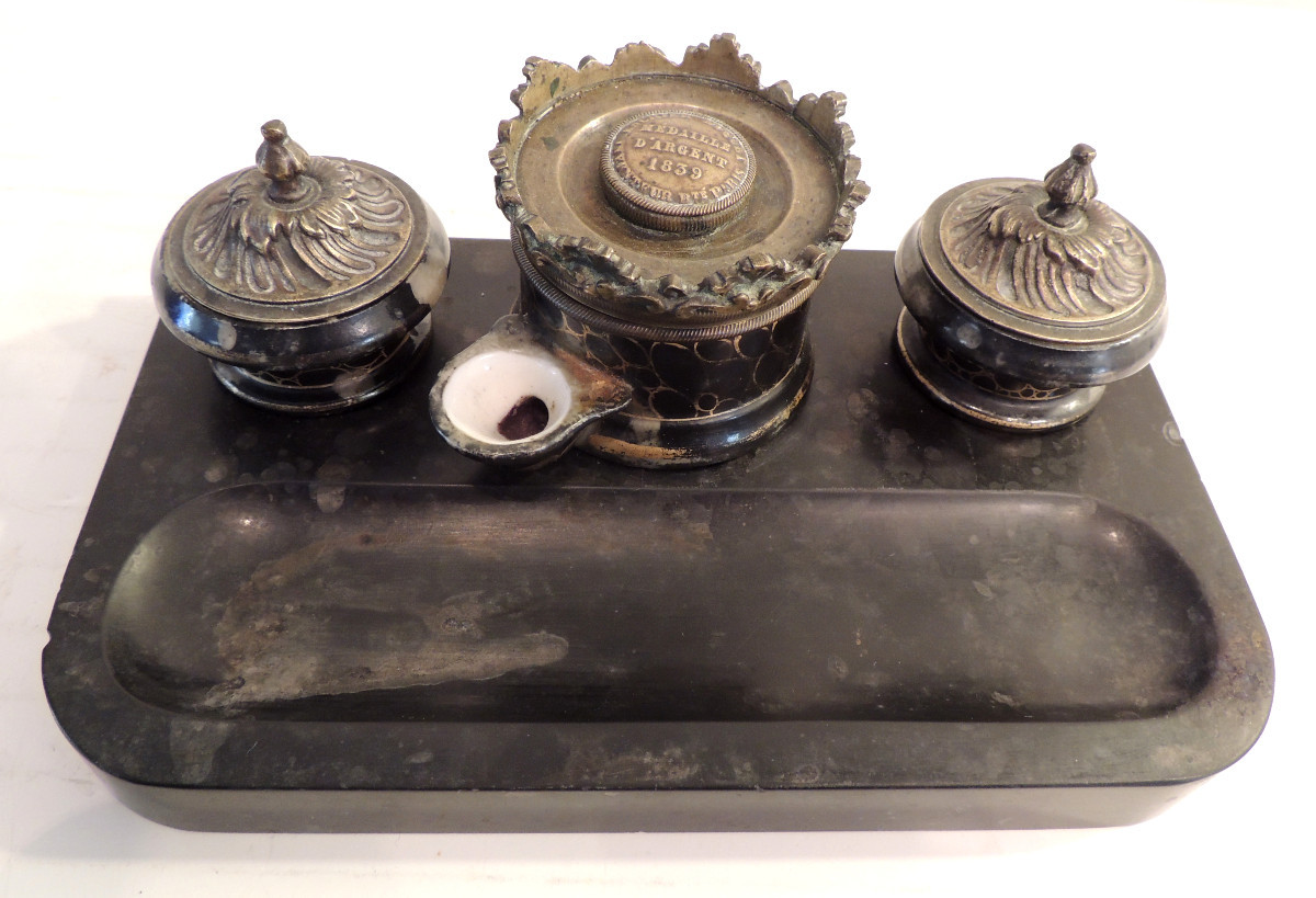 Boquet Bronze Inkwell, Silver Medal 1839, Reservoir With 2 Anchor-shaped Containers, 19th Century-photo-2