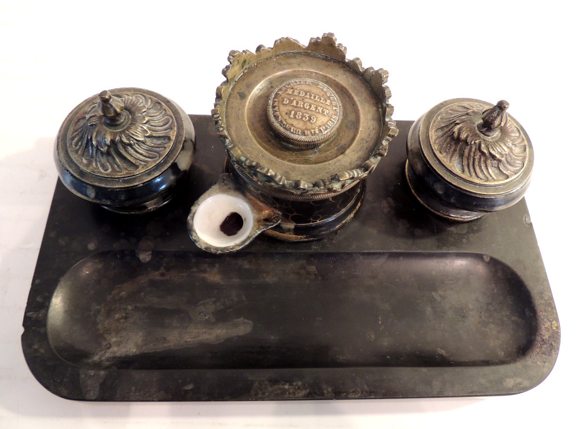 Boquet Bronze Inkwell, Silver Medal 1839, Reservoir With 2 Anchor-shaped Containers, 19th Century-photo-3