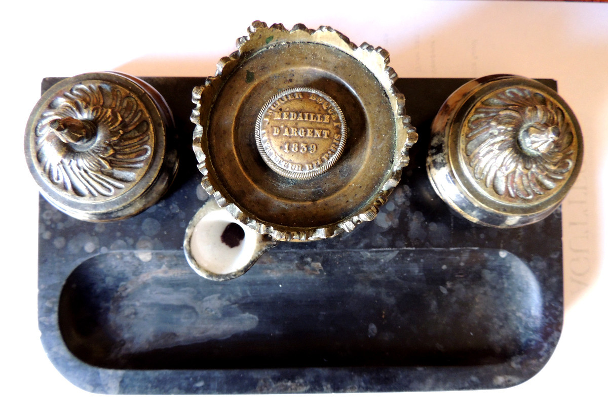 Boquet Bronze Inkwell, Silver Medal 1839, Reservoir With 2 Anchor-shaped Containers, 19th Century-photo-1