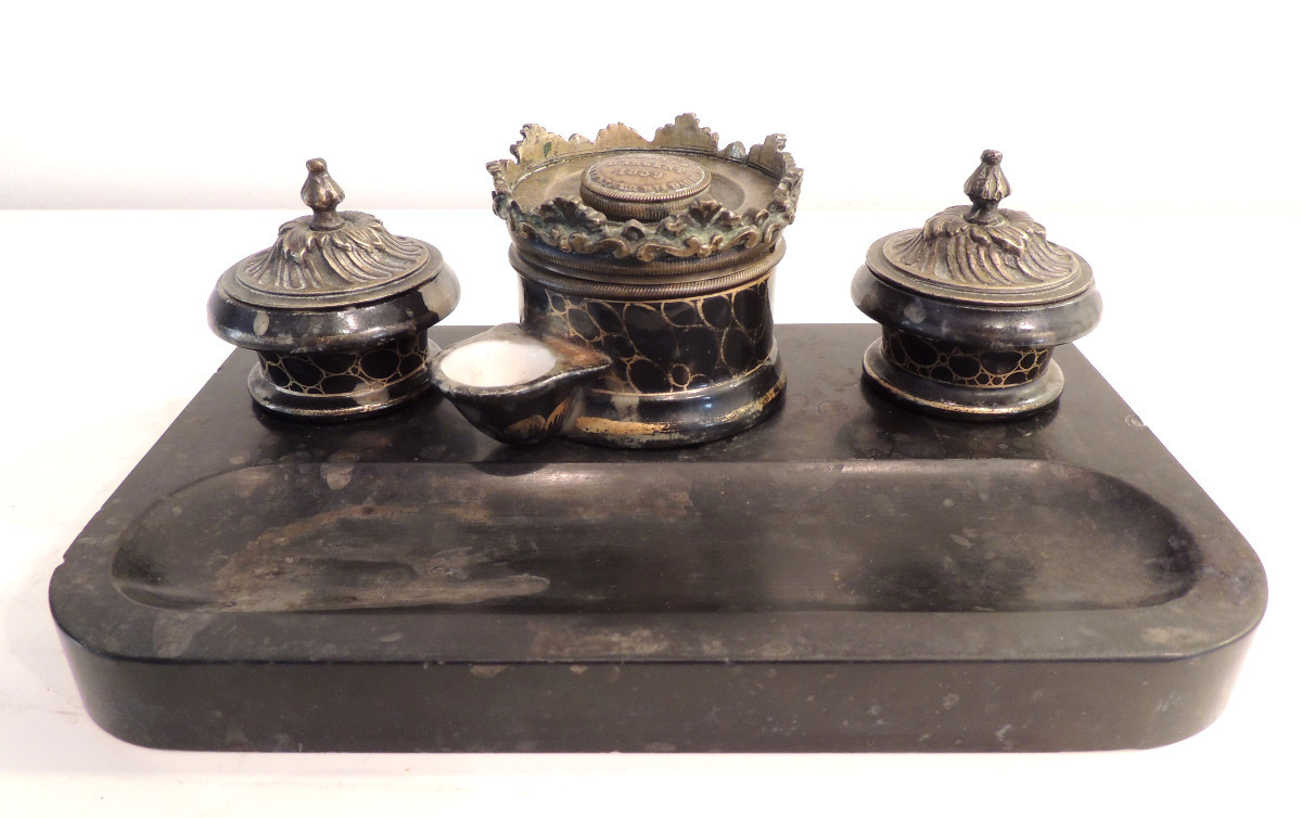Boquet Bronze Inkwell, Silver Medal 1839, Reservoir With 2 Anchor-shaped Containers, 19th Century
