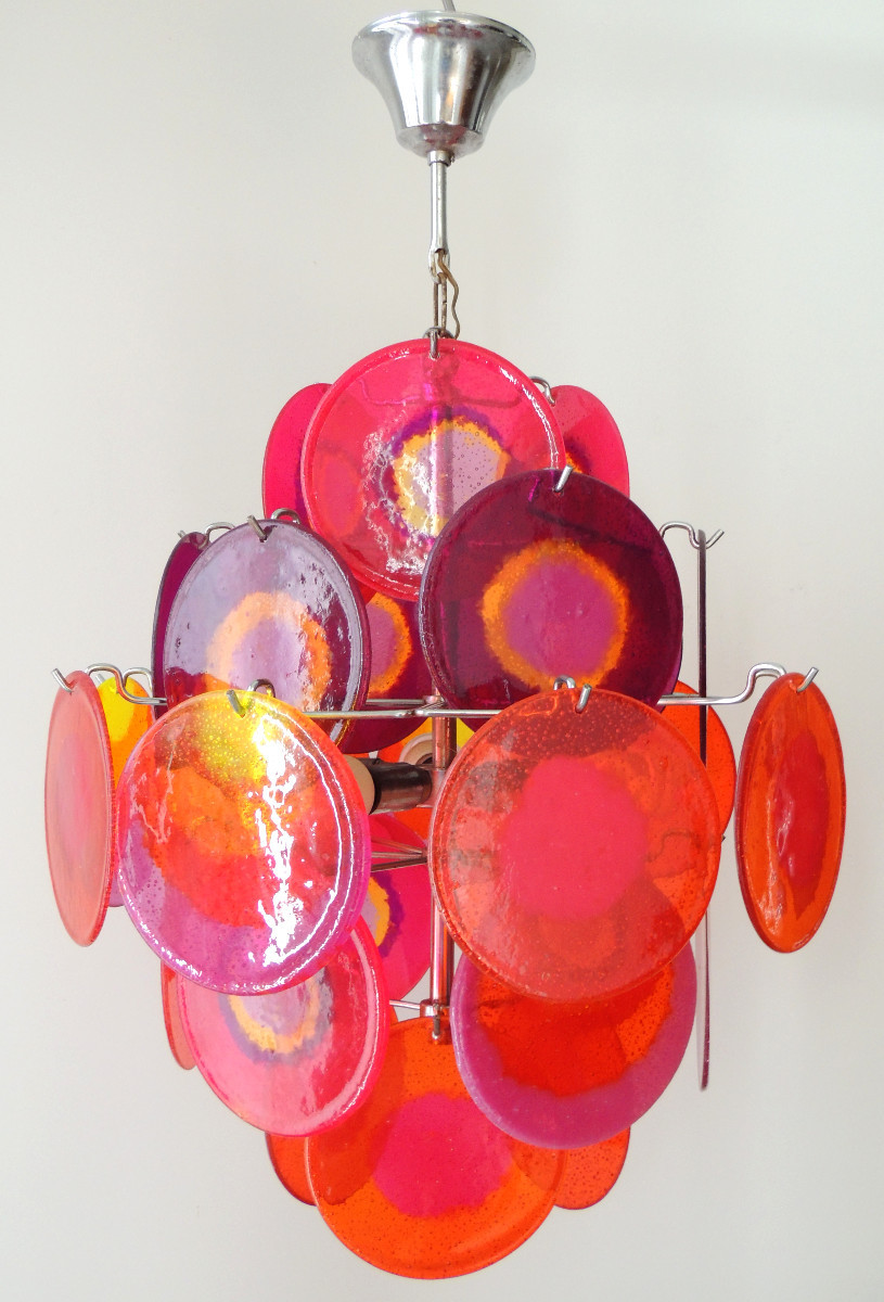 lustre vintage " Gino Vistosi " , monture en métal chromé et de 27 disques multicolorées 20 ème-photo-2