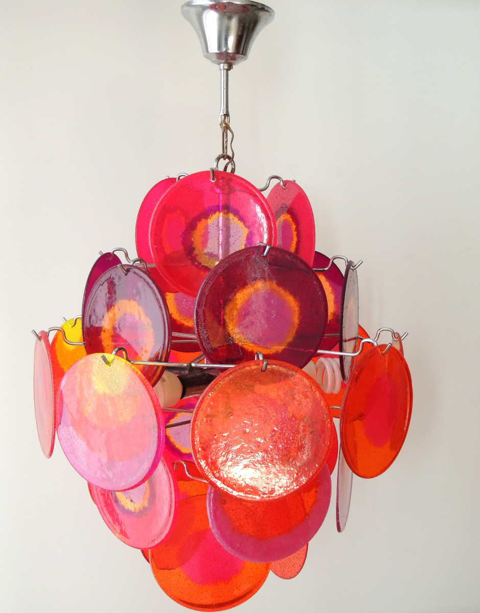 lustre vintage " Gino Vistosi " , monture en métal chromé et de 27 disques multicolorées 20 ème-photo-3